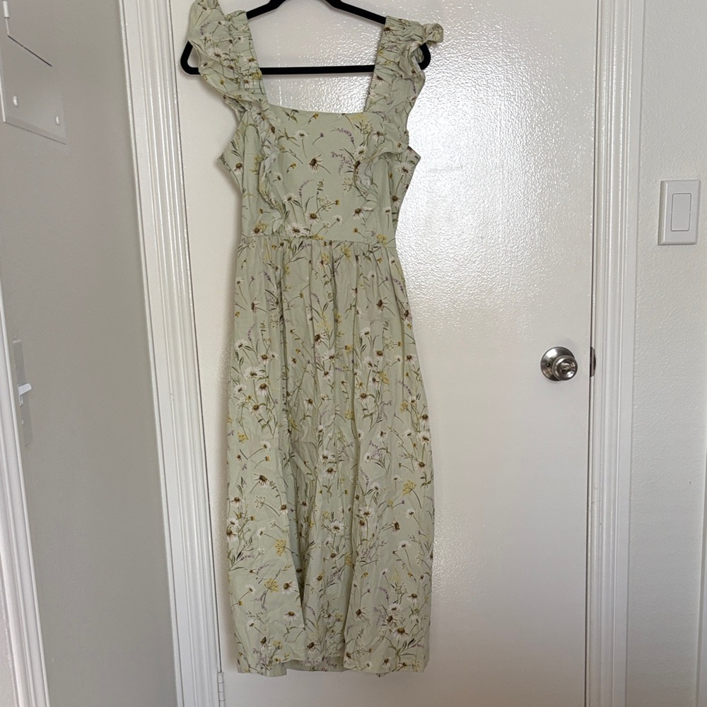 Light Green Floral Midi Dress with Ruffle Straps